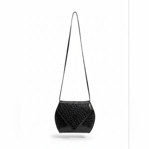 Black Crocodile Embossed Crescent Shoulder Bag with Flap Closure for Women